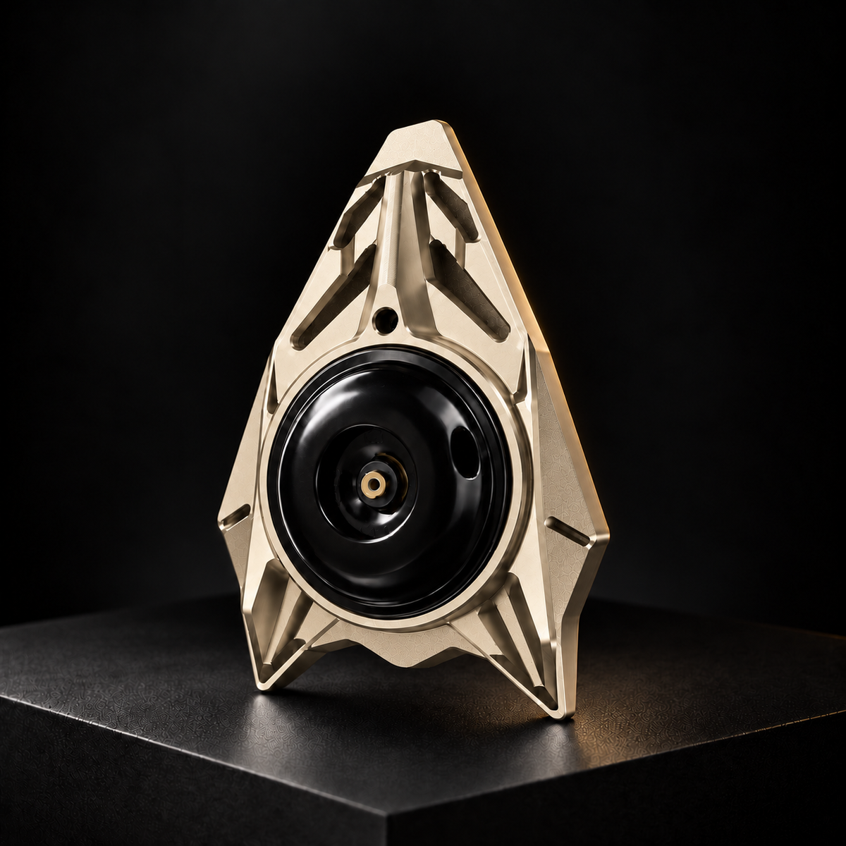 E Ride Pro horn cover Champagne CNC, black background with subtle gold highlight