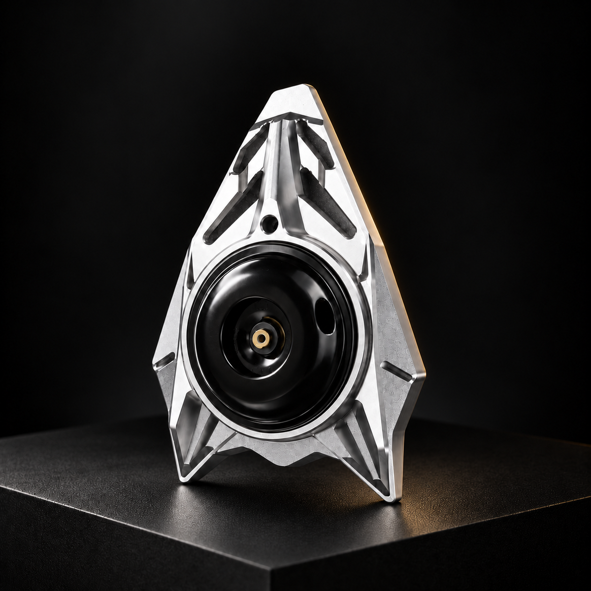E Ride Pro horn cover Silver CNC, black background with subtle gold highlight
