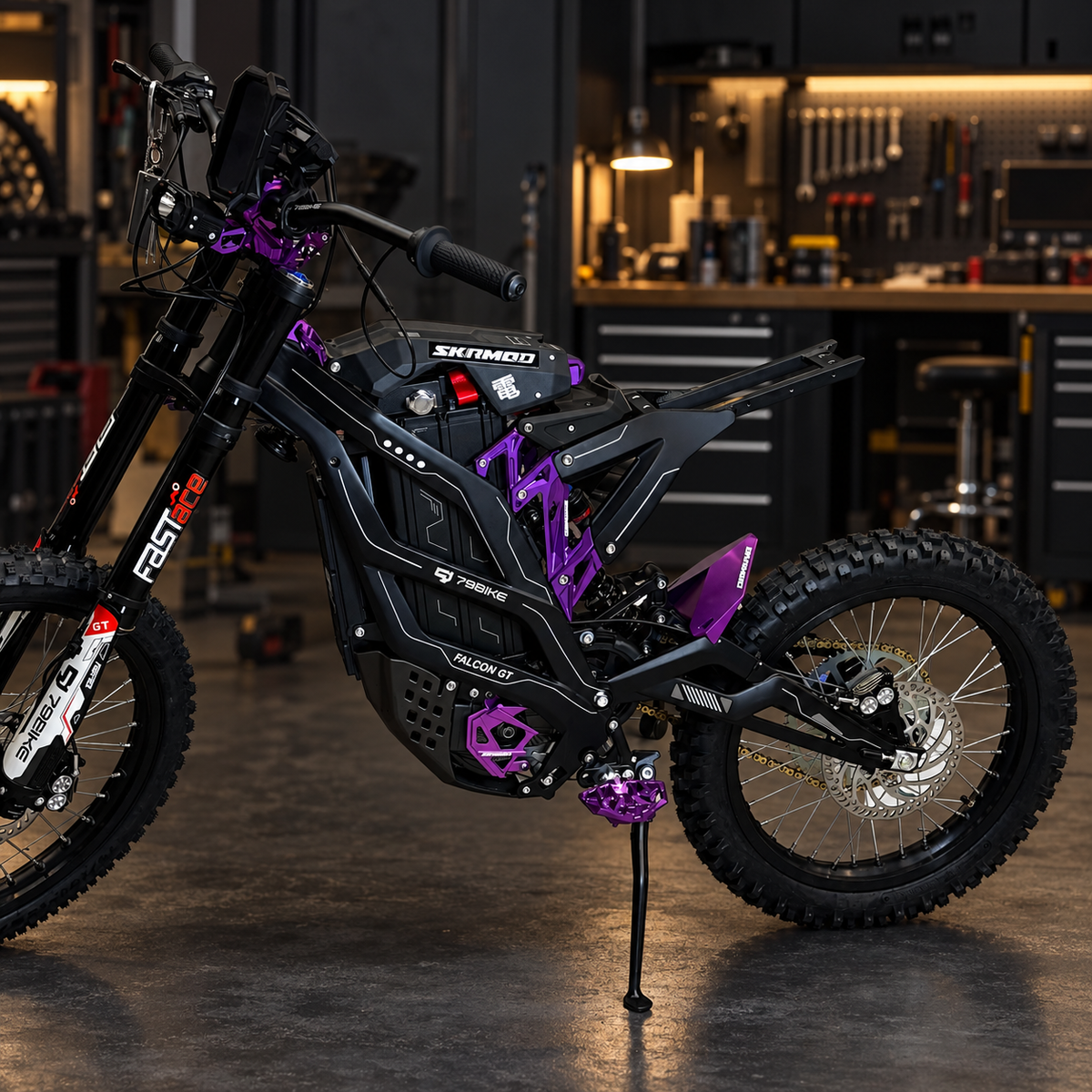 SKRMOD 79BIKE Ventus purple seat riser installed in dark garage