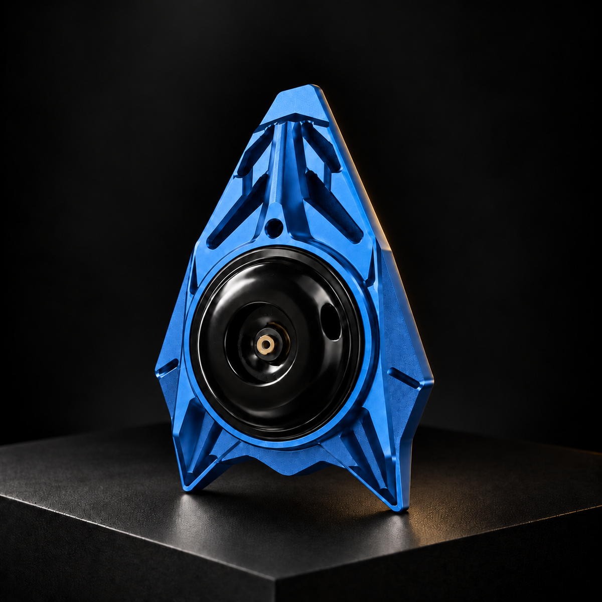 E Ride Pro horn cover Blue CNC, black background with subtle gold highlight