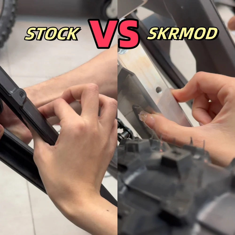 Stock vs SKRMOD E Ride Pro 50mm Extended Swingarm comparison