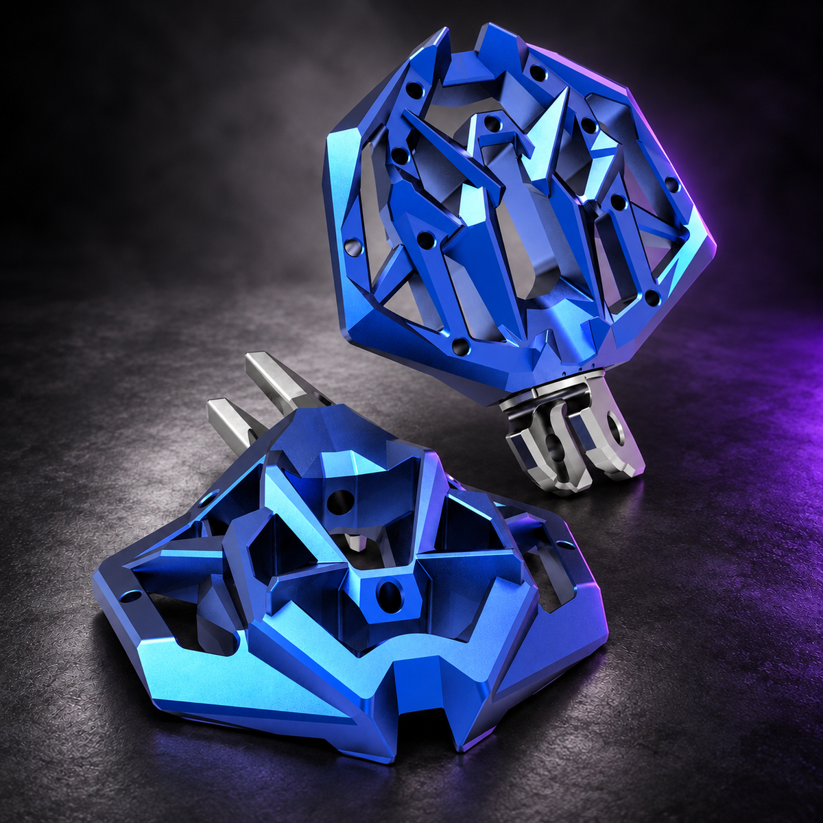 Ultra wide foot pegs blue on dark studio background