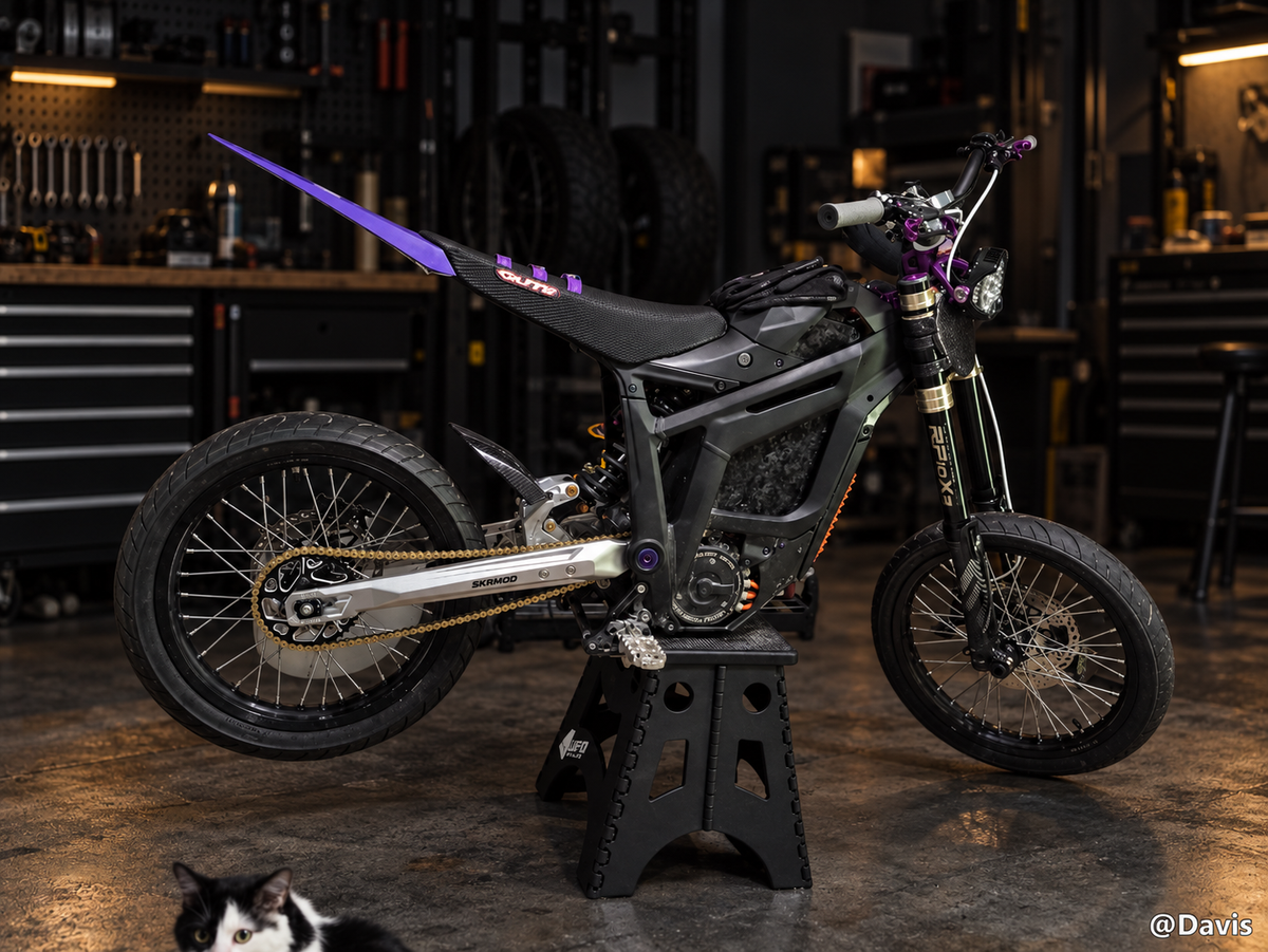 SKRMOD Talaria Sting R 50mm extended swingarm customer bike garage